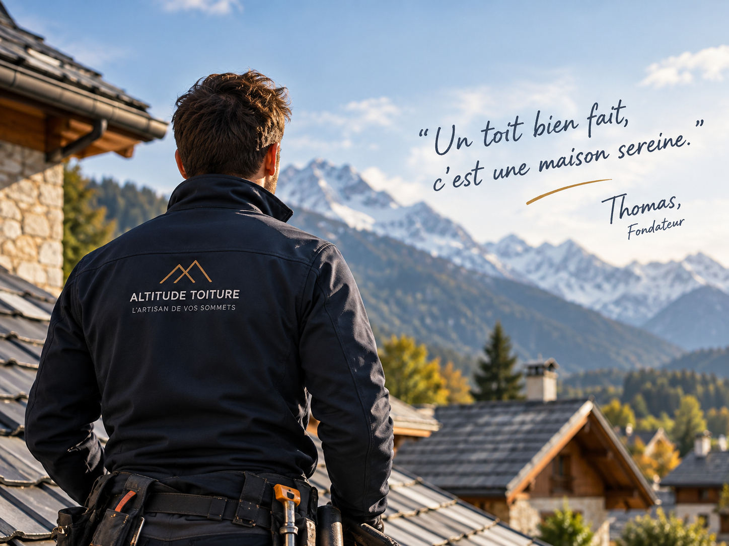 Artisan couvreur Altitude Toiture vu de dos face aux montagnes